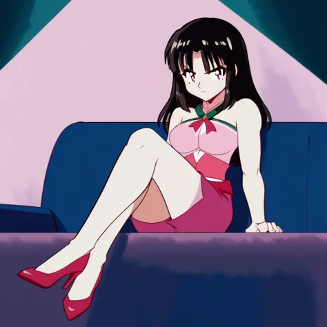 blood, long hair, black hair, bob cut, black eyes, 1 girl, alone, Bare shoulders, Strapless, medium chest, Pink shirt, pink miniskirt, sitting on a sofa, full body, bare legs with red heels, crossed legs ,serious girl