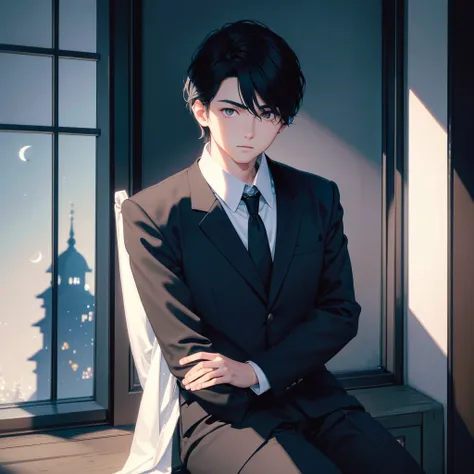 masterpiece, Soft moonlight, moon in the window, shadows, room, boy, 20 years, black hair, black eyes, arrogant look, raised chin, sitting on a chair, portrait, rkbaska, trousers , with a mask