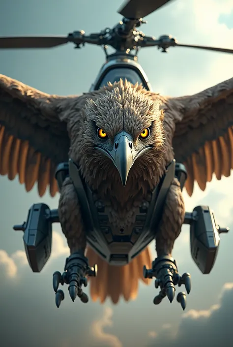 Here’s a detailed front-side prompt for generating a hawk and helicopter hybrid image using Leonardo.ai:

---

"Generate a front-facing view of a powerful hybrid creature, blending a hawk and a military helicopter. The front half of the creature features t...