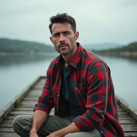 Makes image of a white man, at 3, medium body, model type, with blue eyes, short dark hair, dress with red and green plaid shirt, sitting on a wooden pier on a lake in Alentejo, looking sideways, background with only cloudy sky