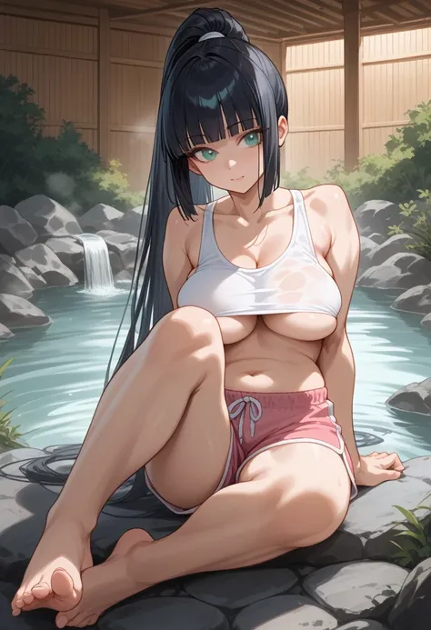 score_9, score_8_up, score_7_up, masterpiece, best quality, intricate details, 1girl, solo, hime cut, blunt bangs, high ponytail, very long hair, green eyes,tank top,barefoot, toenails, dolphin shorts, pink shorts, thighs, legs, large breasts, saggy breast...