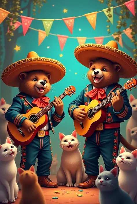 I want to create a cat party with two bears dressed as mariachis, put the initials L anywhere, J, Please do your best to make it something to remember to watermark every post I make 