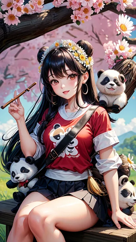 A caricature of a pretty Korean girl with two buns decorated with daisies, wearing a red shirt that says "Day G", sitting on the back of a Thai buffalo, holding a stick pointing forward, carrying a bag decorated with daisies and a panda bear doll, high res...