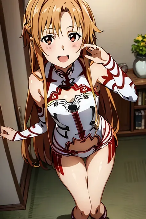 ((Best Quality)), ((masterpiece)), (be familiar with), Perfect Face, indoor, bedroom, Watching the audience,
One woman, Yuuki Asuna,
Open Mouth, Ecstatic expression, blush, smile,
Small breasts, Flat Chest, , , child, Girl,
Long Hair, Long Hair,
Leg spread...