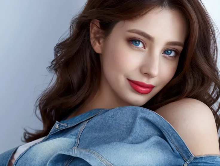 (realistic,photorealistic,photo-realistic:1.37),highly detailed, red crop top and blue shorts with denim jacket,gorgeous women,beautiful detailed eyes,beautiful detailed lips,beautiful smile,realism style,dynamic pose,full body,8k quality,depth field,wavy ...