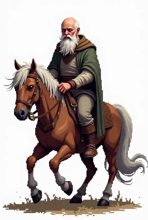 Create a pixel art image of an older bald man riding a horse, viewed from the side (profile). He is dressed in medieval-style clothing. The background should be transparent.