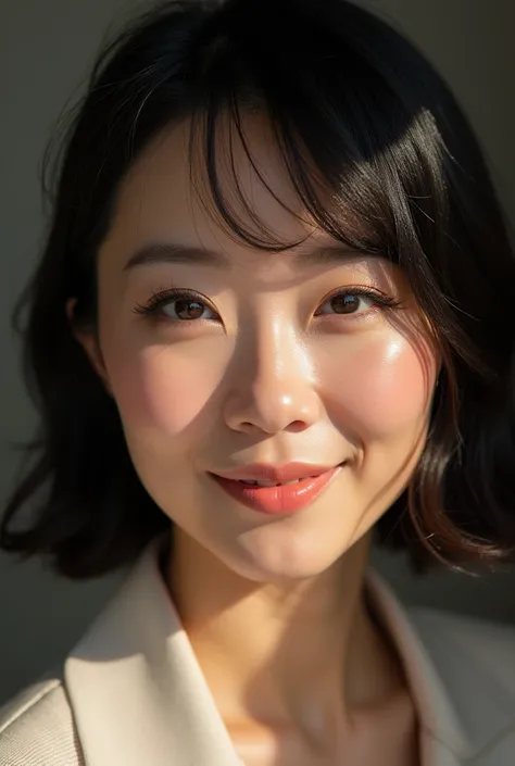 ((Middle-aged Japanese model))、(High resolution, masterpiece, Best Quality, High detail,),Create a bold look with glitter eye makeup。Her smiling, shining face is impressive.、Natural pink lips。Her hair is straight and center-parted.、Simple and elegant。