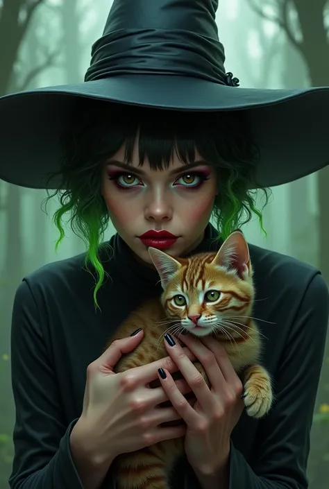 Non-realistic drawing of a witch with very short curly hair with bangs in the middle of the forehead and two green side locks. Big light brown eyes and very black eyeliner with dark red lipstick. Please put a tabby kitten in her hands. And the witch must w...