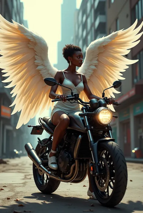 A black girl with angel wings sitting on a motorcycle with her ass up and wearing high heels and a dress.