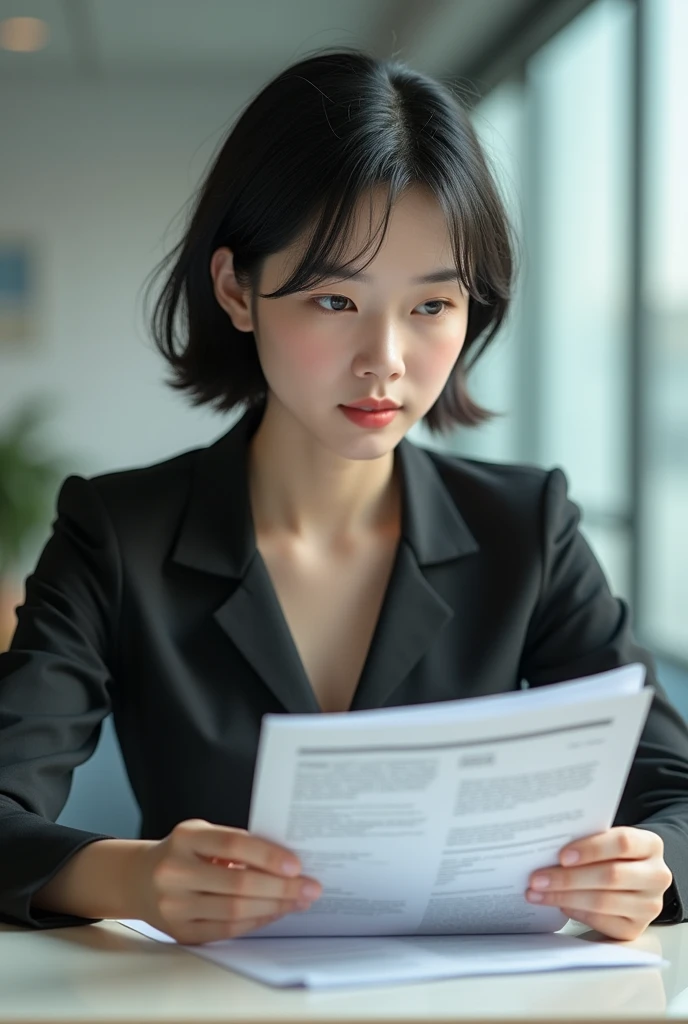 Vietnamese girl, u30, office worker, wearing ooffice dress, short hair, She is reading the report, white skin, elegant

