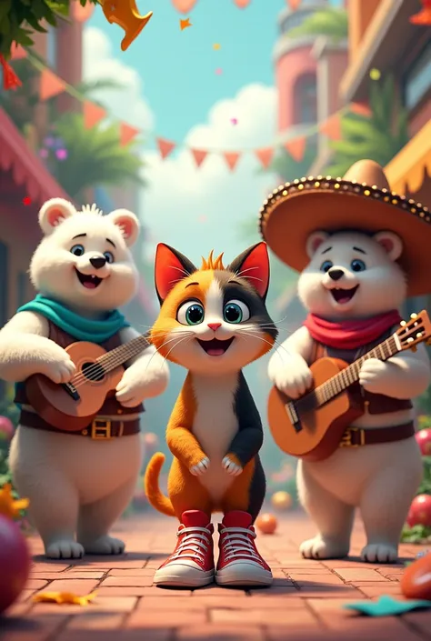 I want to create a party where there is: a tricolor cat and wears red tennis shoes, Also make a white bear and a white bear dressed as mariachis. put the initials L anywhere, J, Do your best to make it something to remember make them cheerful and happy not...