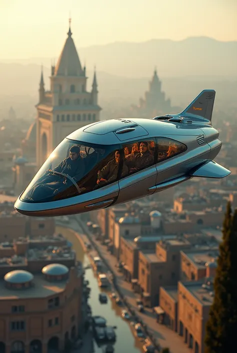 Futuristic flying bus for 10 people sitting above an ancient city