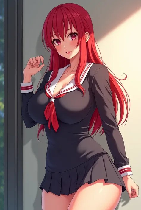 anime style ,Woman with long red hair , big tits hips , dressed in a sexy school uniform