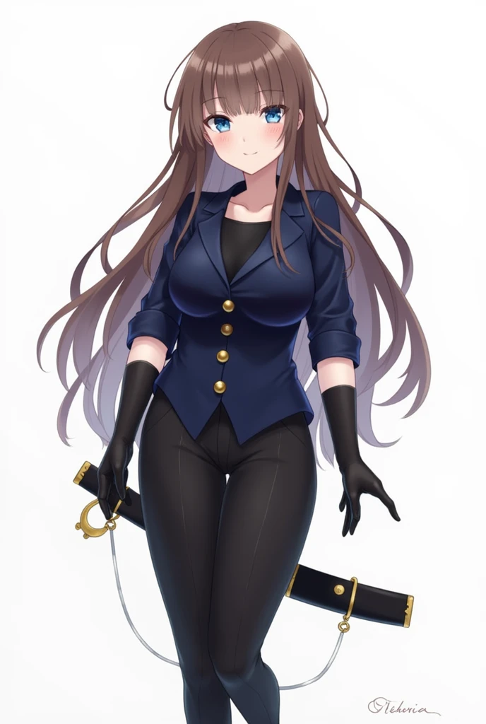 Catherine is a girl () with long brown hair, she wears a long-sleeved long-collared shirt, the sleeves are above the elbows, the shirt is buttoned up in navy blue and has a gold button, she also has black sleeves on her arms, the sleeves have no fingers, s...