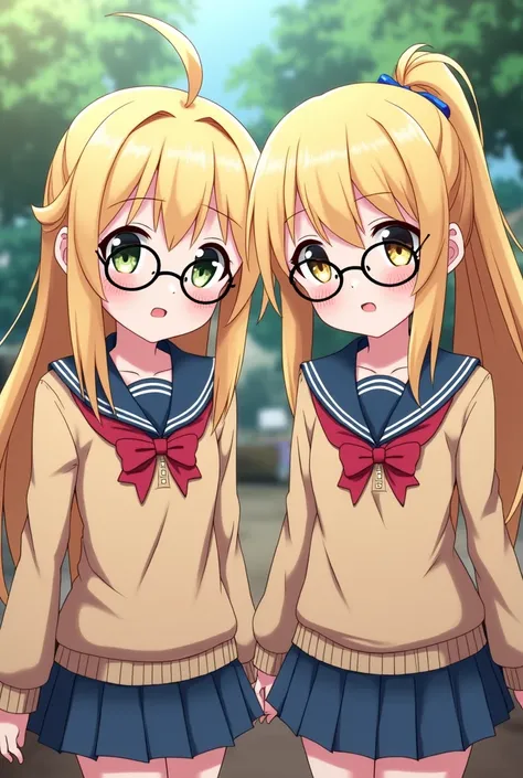 Two girls are twins, schoolgirls with glasses! one with a ponytail, the other with loose hair, hair to the back, blondes, anime style with anime eyes