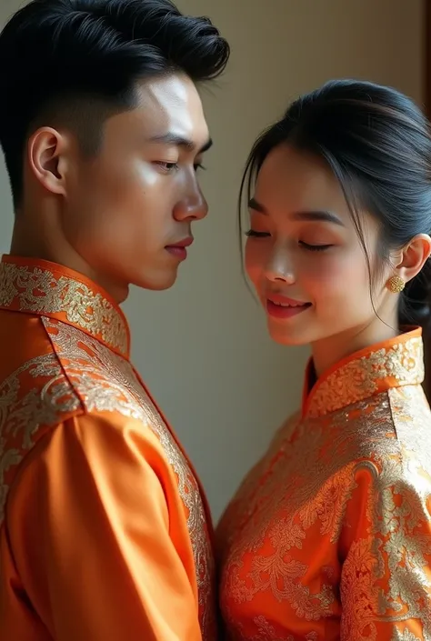 The hero and heroine in Thai silk outfits, Turn to look to the left., Facing the same direction,Close-up view