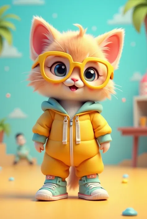 Cute kitten、Standing upright on two legs、Cute Background、Yellow Glasses、Tracksuit top and bottom、sneakers、3d、Illustration