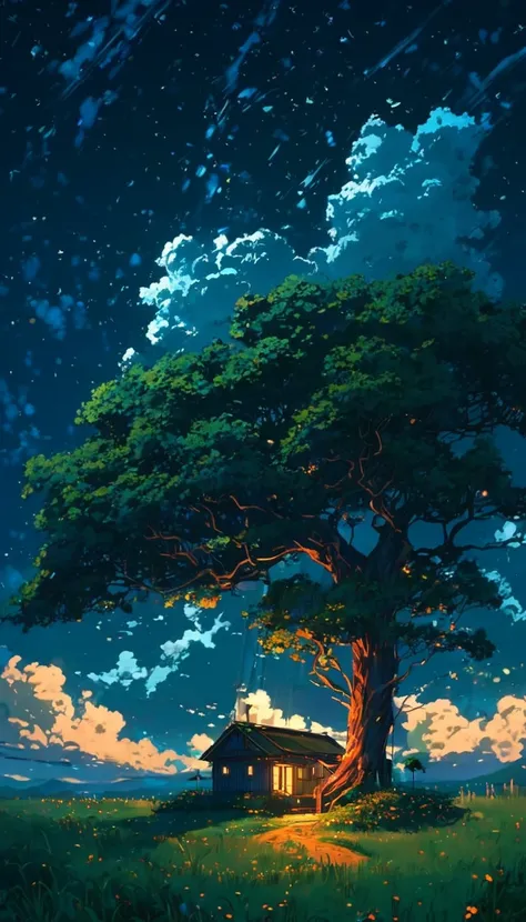 painting of a house under a tree in a field at night, makoto shinkai cyril rolando, anime art wallpaper 4k, anime art wallpaper 4 k, cyril rolando and goro fujita, anime background art, anime background, anime nature, by RHADS, anime art wallpaper 8 k, ani...