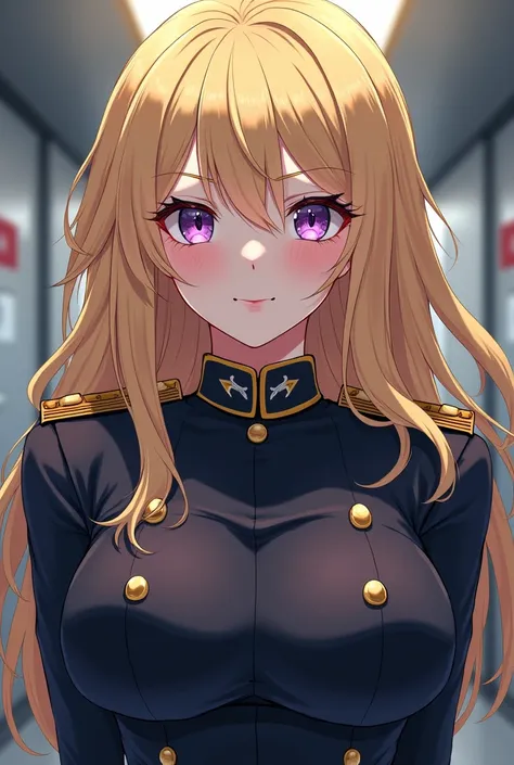 anime style ,Blonde hair woman violet eyes sexy military uniform , brainwashed 