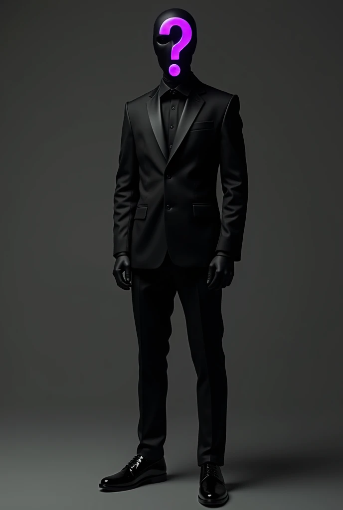 Create a person who is wearing a formal black long sleeve shirt and black pants with black shoes and gloves and is wearing a black mask with a purple question mark on it.