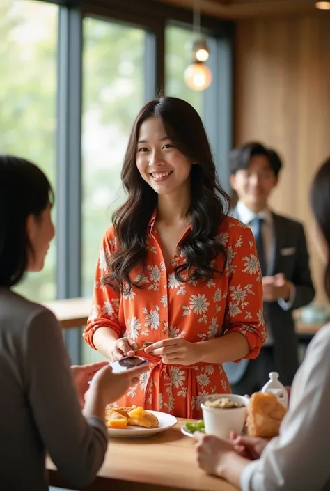 Vietnamese girl, u30, office worker, wearing a floral dress, long curly hair, She is talking to customers in the pantry, white skin, elegant

