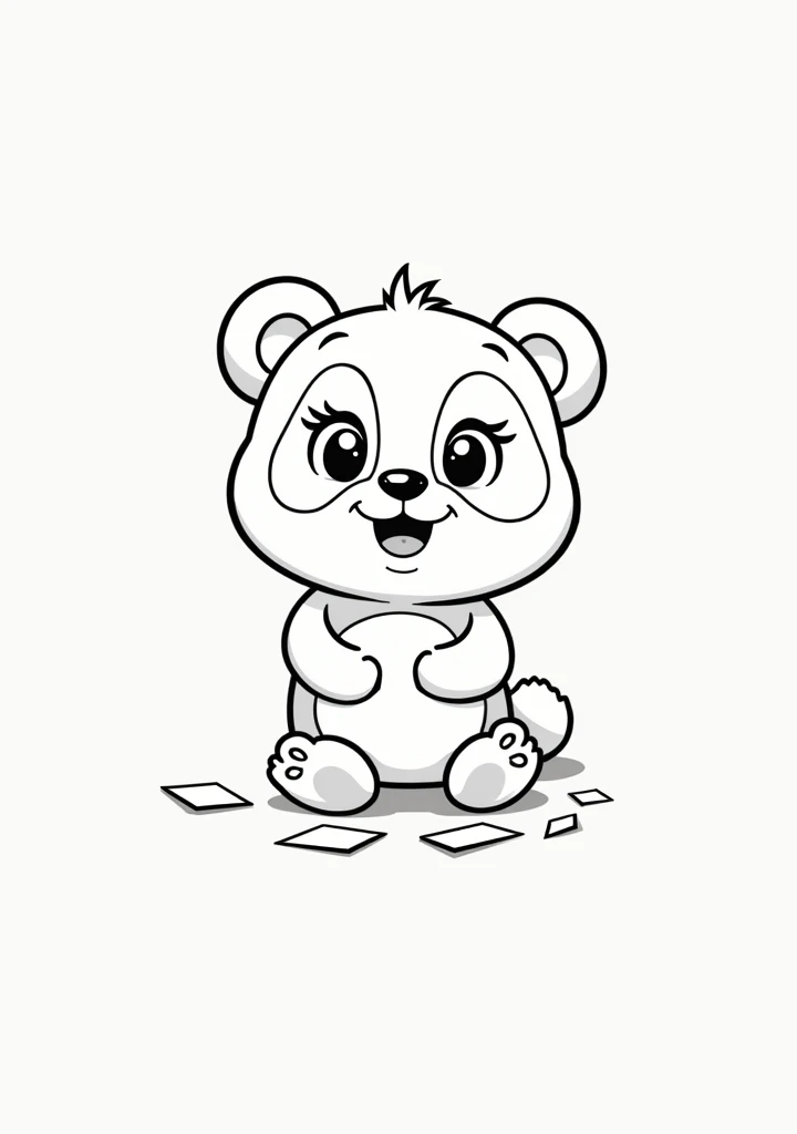 A black and white contour art of a cute panda (161678158) (playing sitting) and smiling. The panda has a cartoon style and a childish style. The background is white (stickers, cards scattered on the floor). The image is suitable for coloring book pages for...