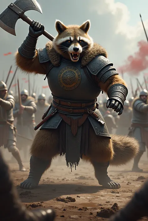 A strong racoon Viking fighting in a Battle 