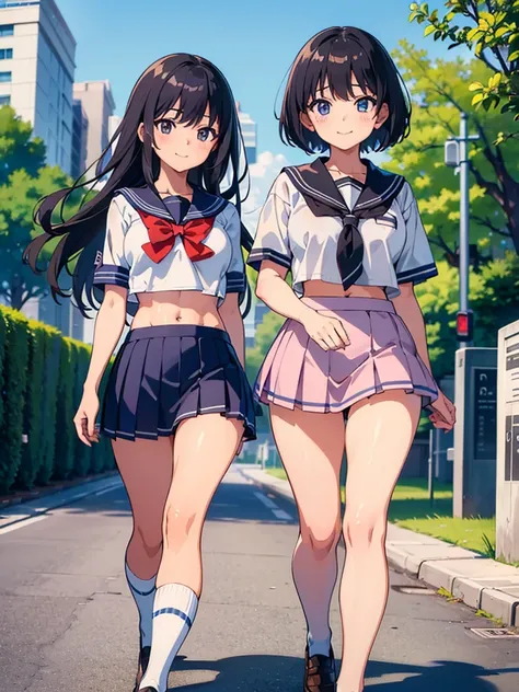 masterpiece, best quality, ultra detailed, ultra high resolution, very detailed face, ((anime)), (((2women))), ((school uniform, sailor uniform, croptop, short skirt)), (medium breast), (six pack abs:1.18), ((little smile)), walking in the plaza, outdoor
