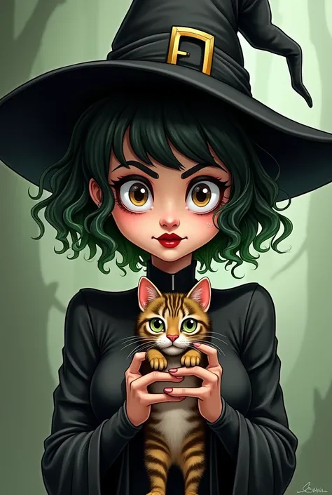 Non-realistic drawing of a witch with very short curly hair with bangs in the middle of the forehead and two green side locks. Big light brown eyes and very black eyeliner with dark red lipstick. Please put a tabby kitten in her hands. And the witch must w...