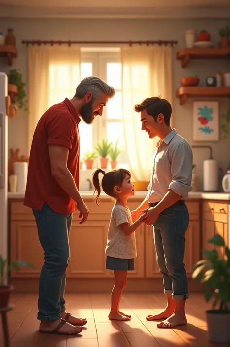 Young girl with two stepdad in the kitchen 
