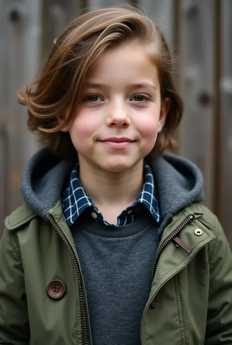 shows a close-up of a young persons upper body, focusing on their attire and surroundings. The individual is wearing a layered outfit that includes a green hooded jacket with buttons and a dark blue plaid shirt with a white checkered pattern underneath a g...