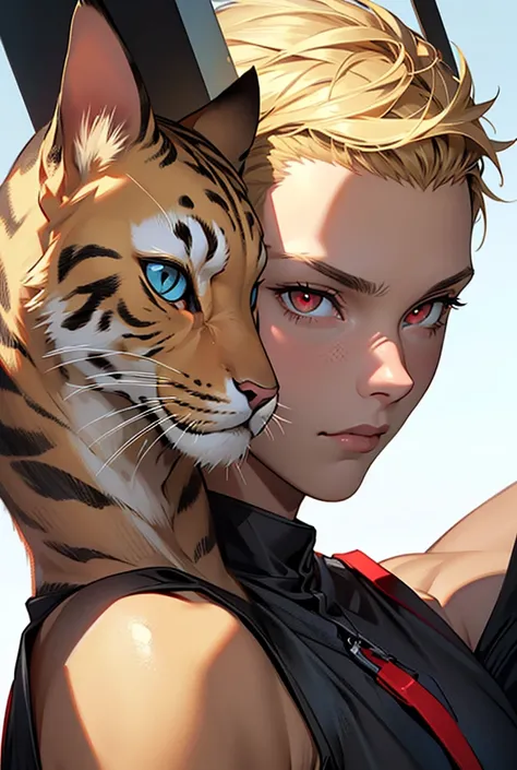 High resolution, masterpiece, accurate, Anatomically correct, Best Quality, High detail, Blonde, Very short hair, Crew cut, Red eyes, Vertical pupil/Cat&#39;s Eyes, Slanted Eyes, Character portrait, Black coat