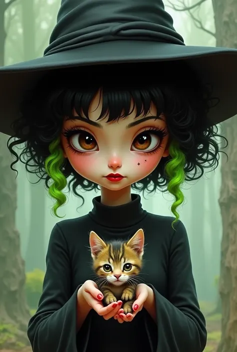 Non-realistic drawing of a witch with very short curly hair with bangs in the middle of the forehead and two green side locks. Big dark brown eyes and very black eyeliner with dark red lipstick. Please put a tabby kitten in her hands. And the witch must we...