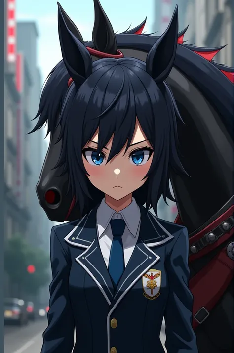 Female character with serious face in My hero academy uniform with black horse and red tips, blue eyes and a demon 
