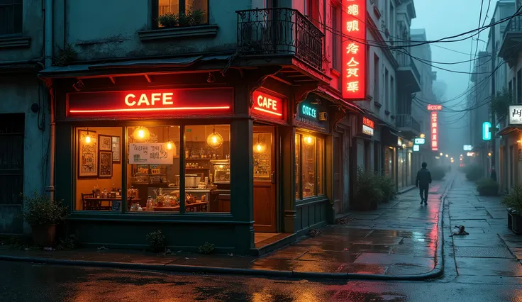 a quaint cafe on a rainy city street, puddles reflecting the neon lights of old buildings, discarded trash and litter on the sidewalk, a nostalgic, moody atmosphere, (best quality,4k,8k,highres,masterpiece:1.2),ultra-detailed,(realistic,photorealistic,phot...