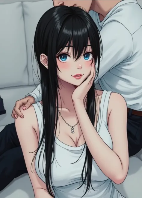 Admiring to kiss me in love sexy smile midioum size boobs dark blue hair dark blue eyes 