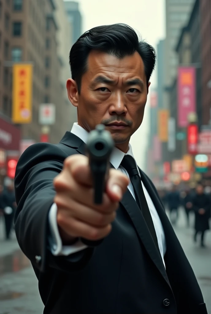 He holds a gun in his hand and points it at the camera, A Chinese black-haired man，Keep short hair, Mafia in suits, In New York