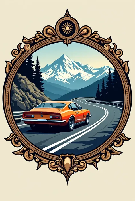 Create a logo of a car racing along a mountain highway in a round frame in the Old Slavic style