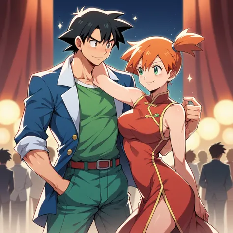 1boy, black hair, brown eyes, hair between eyes, ash ketchum, jacket, shirt, pants, formal clothes, handsome boy, macho, good looking boy 1girl, misty pokemon, orange hair, hair down, green eyes, red chinese dress, pretty, beautiful girl photograph of a 1 ...