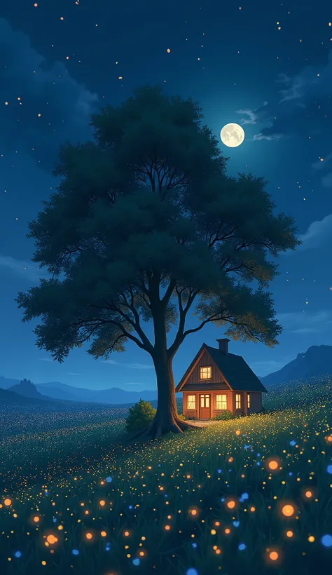 painting of a house under a tree in a field at night, GHIBLI STYLE, 16k fireflies, moon, makoto shinkai cyril rolando, anime art wallpaper 4k, anime art wallpaper 4 k, cyril rolando and goro fujita, anime background art, anime background, anime nature, by ...