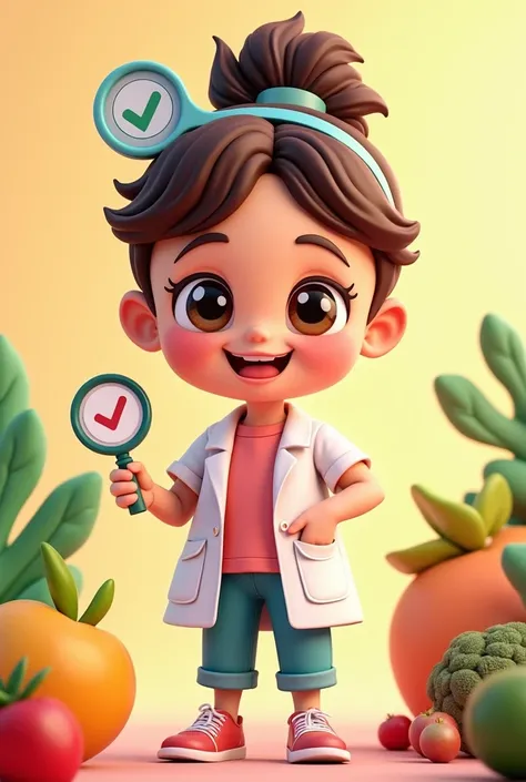 Draw a cute nutritionist character, I need to make it look like the Tiniping character, and I want it to be colorful and well-coordinated. I also want it to have a tool that has a nutritionist&#39;s tick.