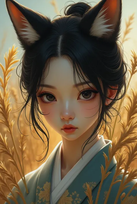 One lady, kimono,Big black eyes,I am looking at you, Gold and silver Japanese silver grass,Signs of Autumn,
Sparkling eyes, Chest, Fox Ears, 