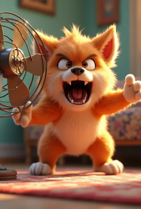 a very detailed 3D representation, vibrant and exaggerated of an angry dog, with its fluffy and dynamic fur, biting the blades of an old-fashioned fan in the cozy living room of his home, illuminated by a light that accentuates the dog&#39;s expression. An...