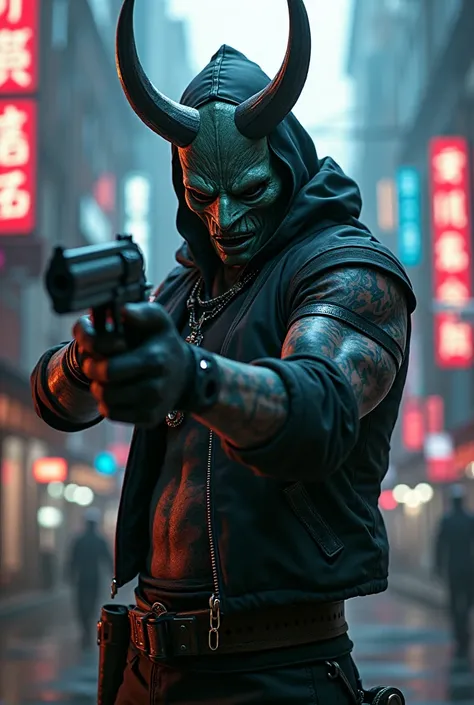 Cyberpunk gangster with oni mask and a futuristic revolver with aura