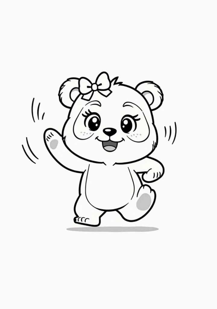 A black and white outline art of a cute panda (161678158) (couple, male and female) and smiling. The panda has a cartoon style and a childish style. The background is white (male panda running after the female panda who has a bow on her head). The image is...