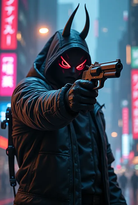 Cyberpunk gangster with half oni mask and a futuristic revolver and aura around him