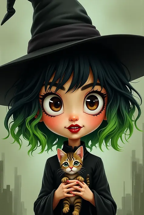 Non-realistic drawing of a witch with very short curly hair with bangs in the middle of the forehead and two green side locks. Big dark brown eyes and very black eyeliner with dark red lipstick. Please put a tabby kitten in her hands. And the witch must we...