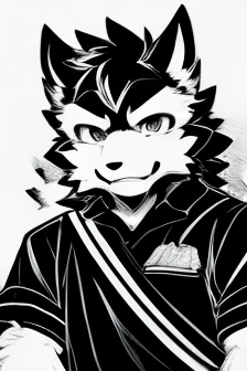 No background color、Black and White、Monochrome、whole body、Black shirt werewolf、cute、happy、meat、meathappy、