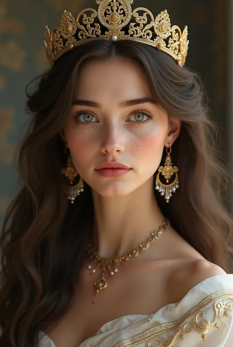 A beautiful young woman with porcelain white skin, with long wavy brown hair, blue brown eyes and thick lips and freckles. dressed as a queen