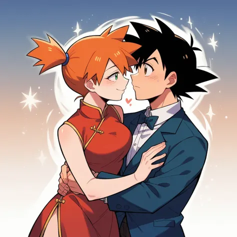 1boy, black hair, brown eyes, hair between eyes, ash ketchum, suit, formal clothes, handsome boy, macho, good looking boy 1girl, misty pokemon, orange hair, hair down, green eyes, red chinese dress, pretty, beautiful girl photograph of a 1 couple, theyre d...